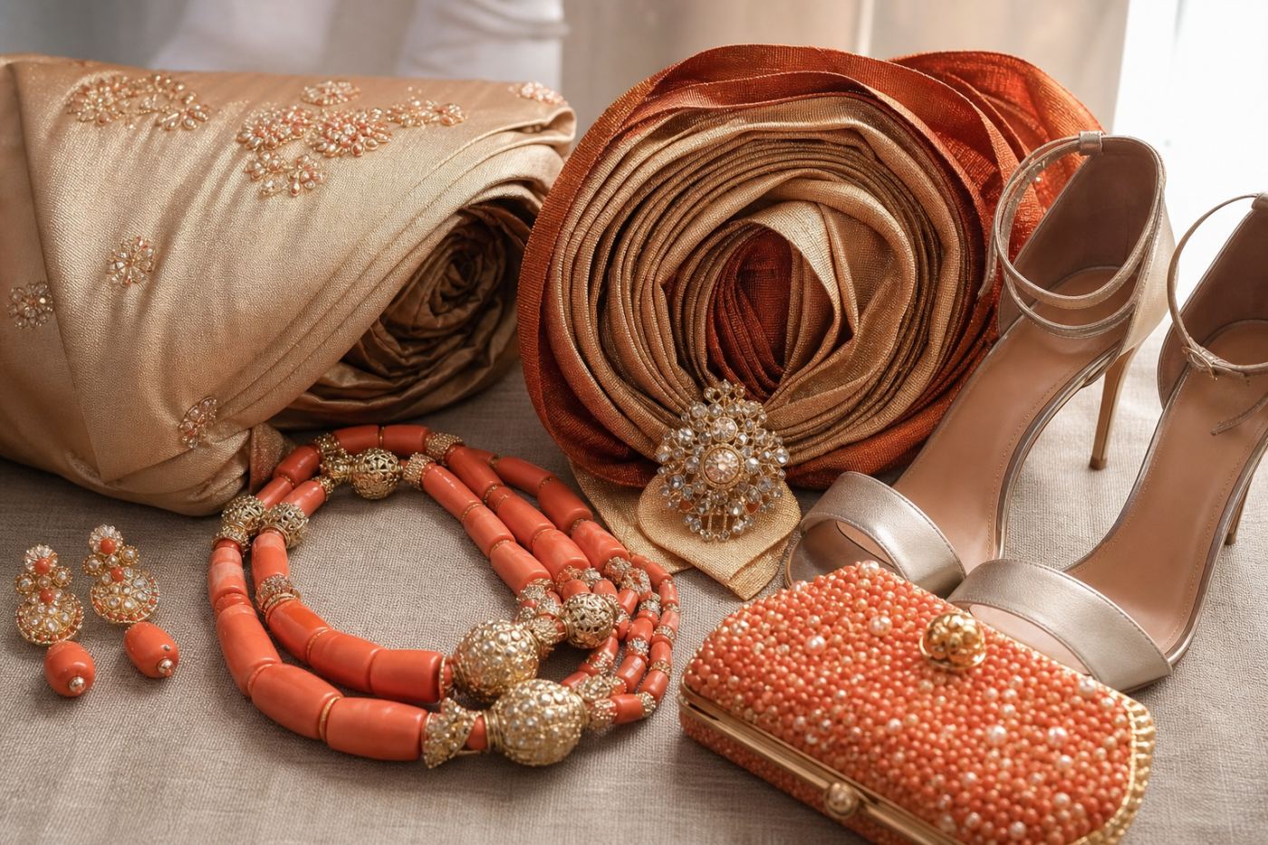Nigerian gele, coral beads, and occasion accessories
